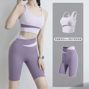 Purple and white patchwork sports bra